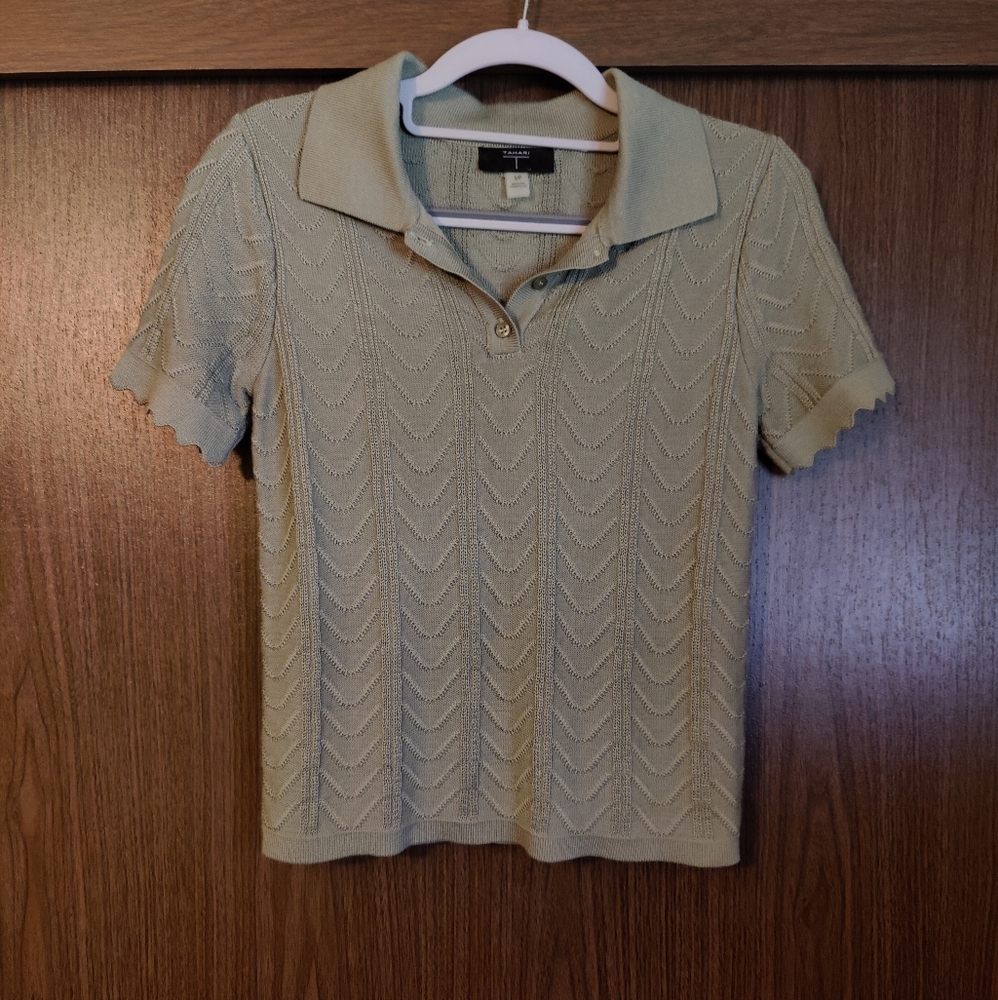 Tahari Sage Green Knit Collared Shirt